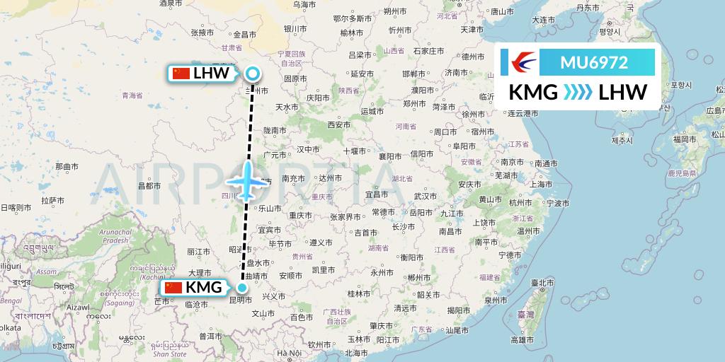 MU6972 China Eastern Airlines Flight Map: Kunming to Lanzhou