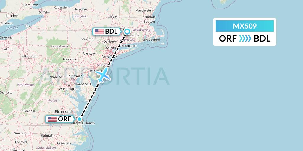MX509 Breeze Airways Flight Map: Norfolk to Windsor Locks