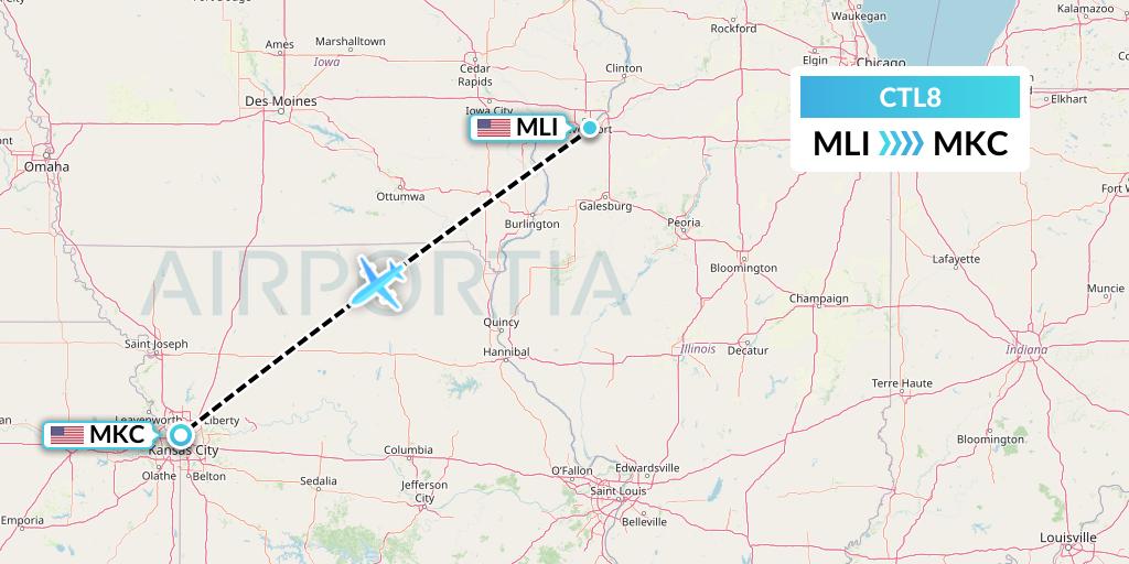 CTL8 Central Airlines Flight Map: Moline to Kansas City