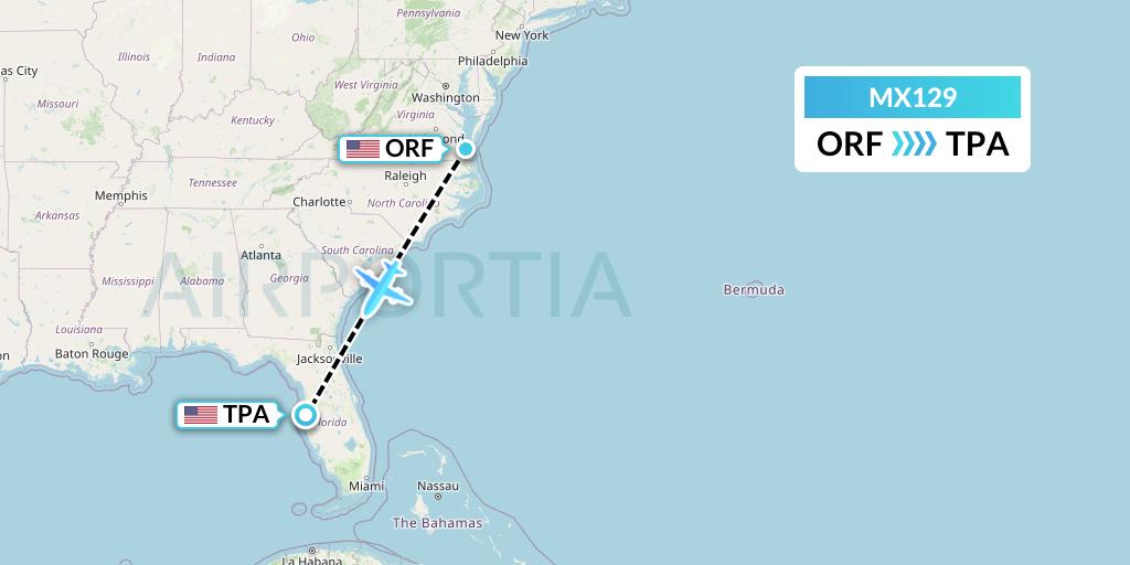 MX129 Breeze Airways Flight Map: Norfolk to Tampa