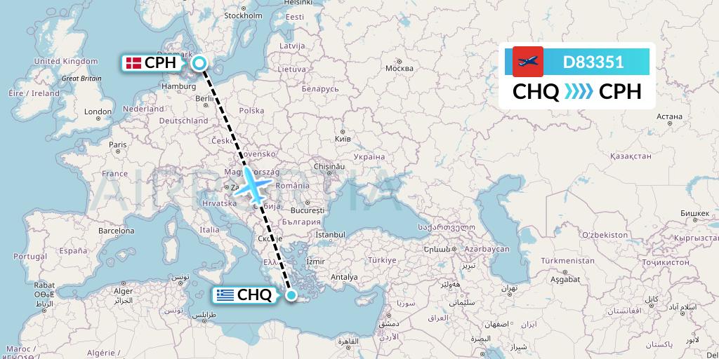 D83351 Norwegian Air International Flight Map: Chania to Copenhagen