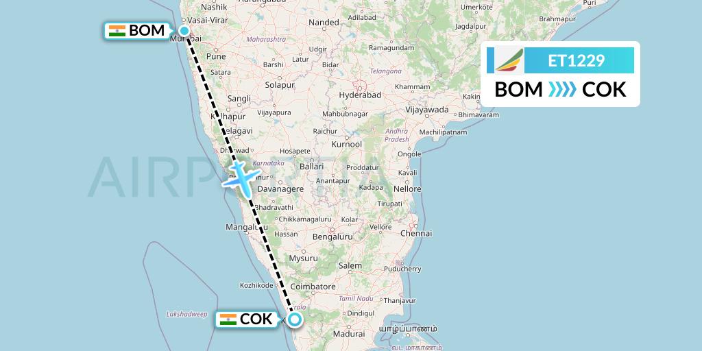 ET1229 Ethiopian Airlines Flight Map: Mumbai to Cochin