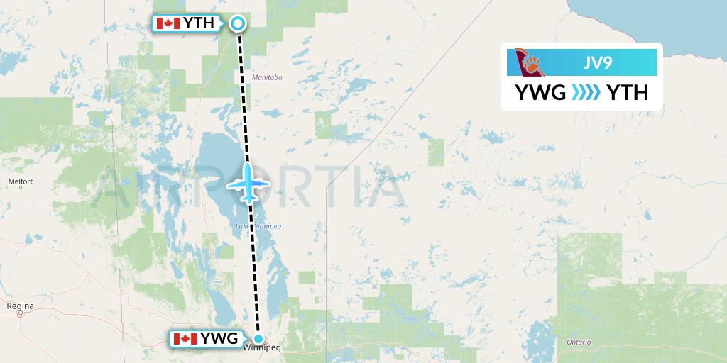 JV9 Bearskin Airlines Flight Map: Winnipeg to Thompson