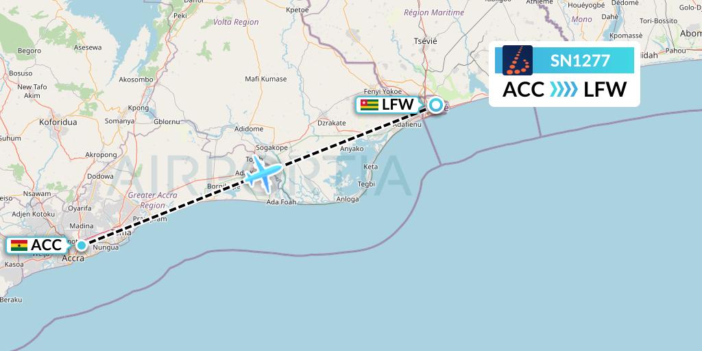 SN1277 Brussels Airlines Flight Map: Accra to Lome