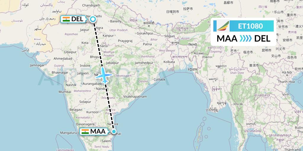 ET1080 Ethiopian Airlines Flight Map: Chennai to Delhi