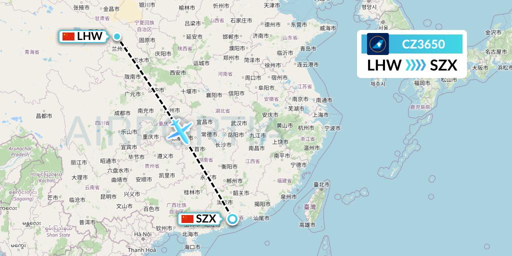 CZ3650 China Southern Airlines Flight Map: Lanzhou to Shenzhen