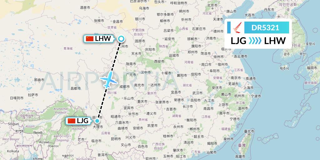 DR5321 Ruili Airlines Flight Map: Lijiang to Lanzhou