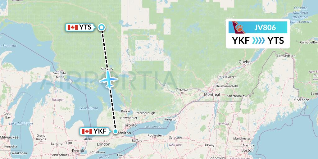 JV806 Bearskin Airlines Flight Map: Waterloo to Timmins