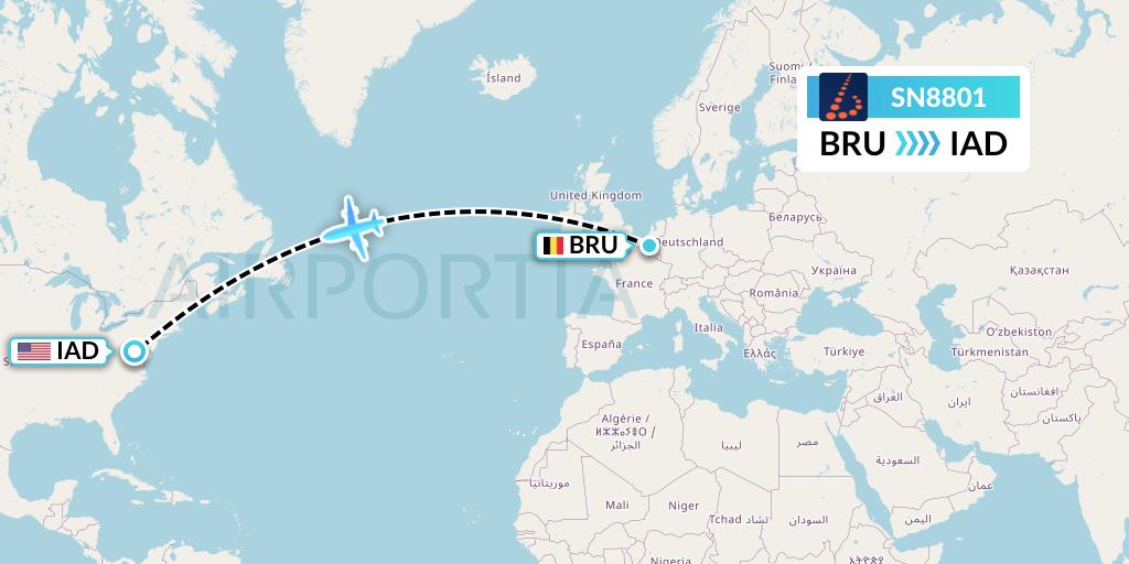 SN8801 Brussels Airlines Flight Map: Brussels to Washington