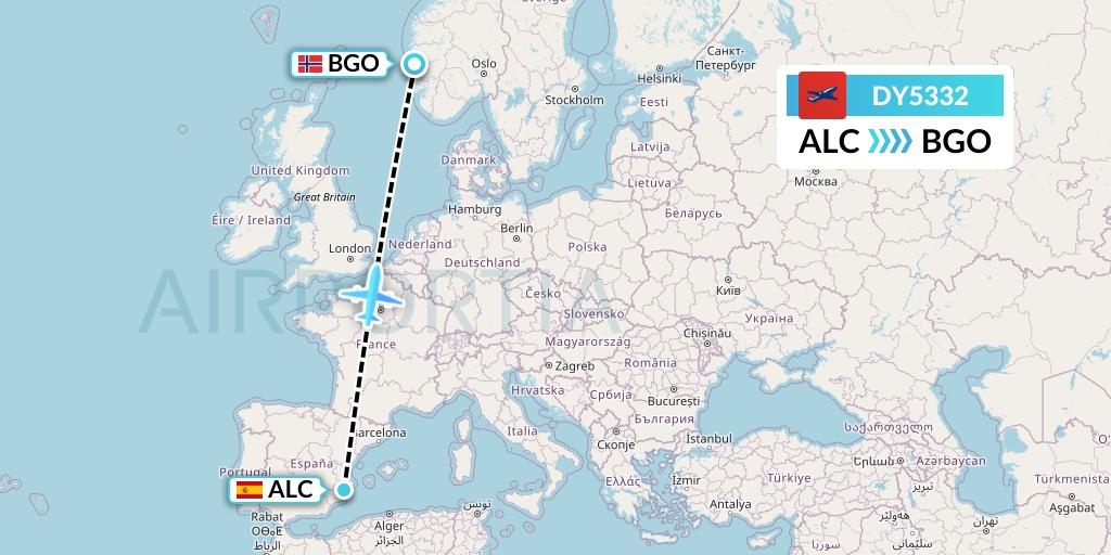 DY5332 Norwegian Flight Map: Alicante to Bergen