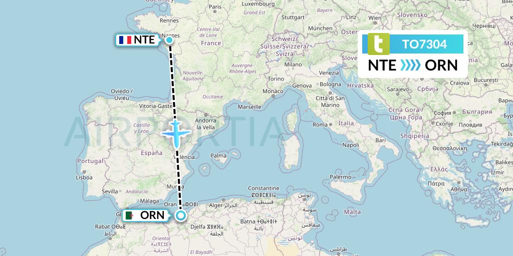TO7304 Transavia France Flight Map: Nantes to Oran