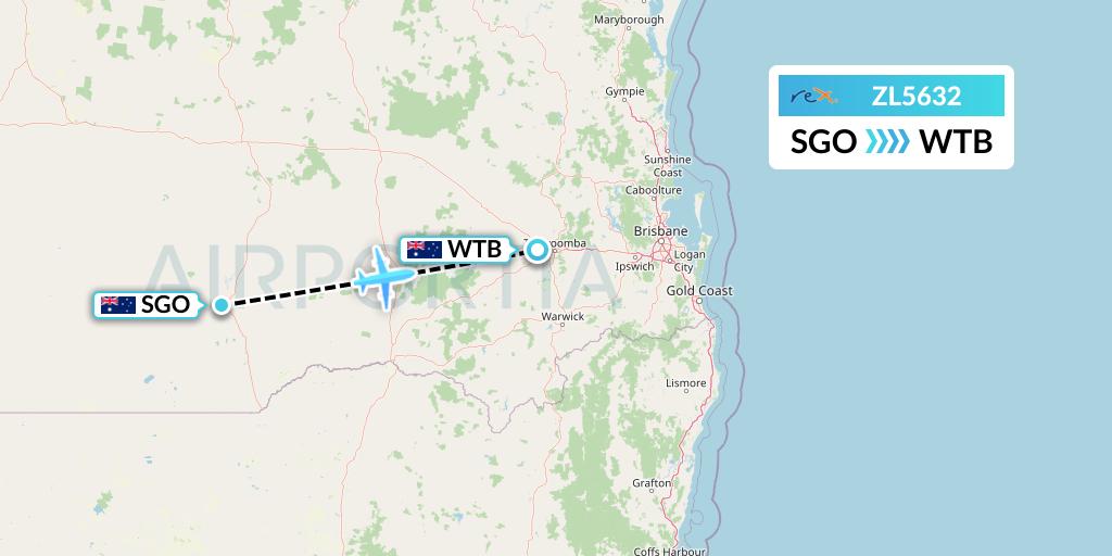 ZL5632 Regional Express Flight Map: St George to Toowoomba
