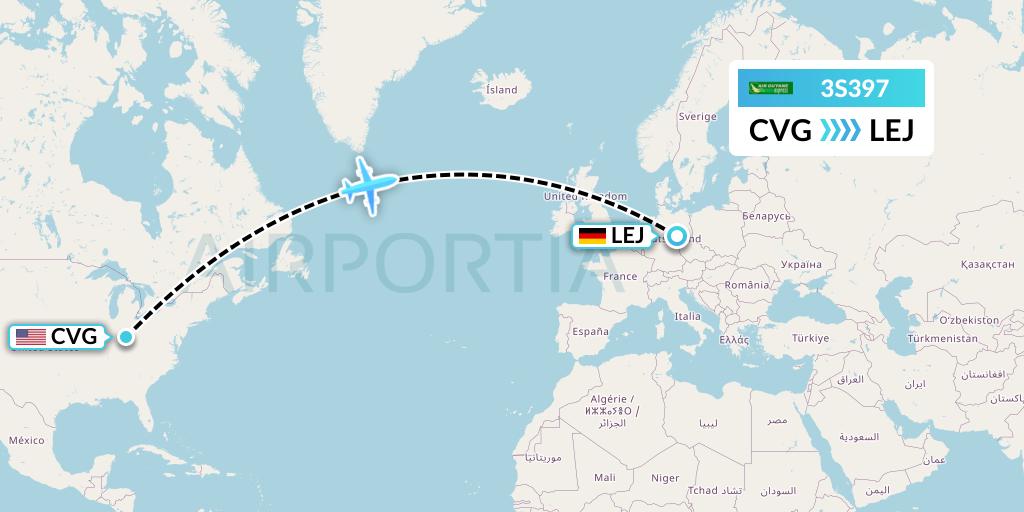 3S397 Air Antilles Express Flight Map: Cincinnati to Leipzig