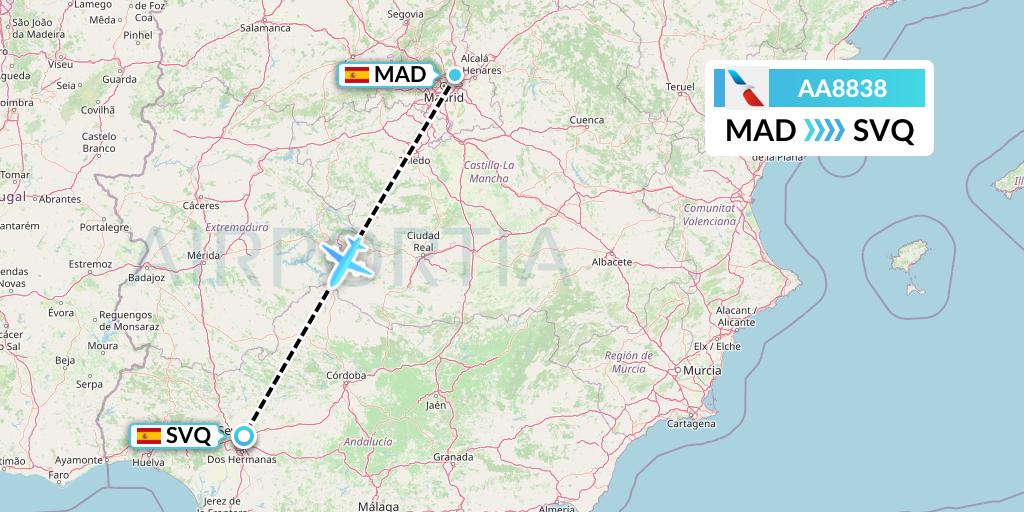 AA8838 American Airlines Flight Map: Madrid to Seville