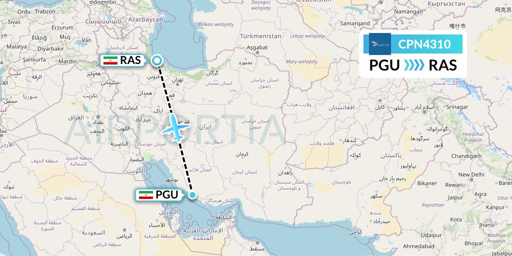CPN4310 Caspian Airlines Flight Map: Assaluyeh to Rasht