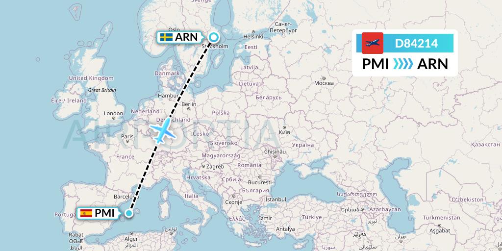 D84214 Norwegian Air International Flight Map: Palma de Mallorca to Stockholm