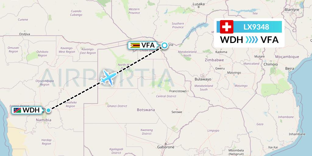 LX9348 Swiss Flight Map: Windhoek to Victoria Falls