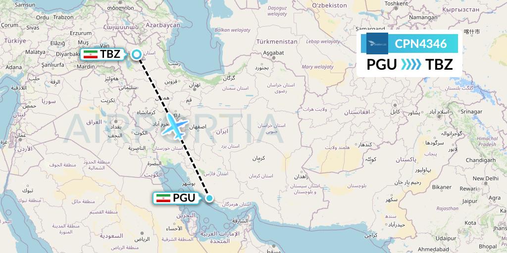 CPN4346 Caspian Airlines Flight Map: Assaluyeh to Tabriz