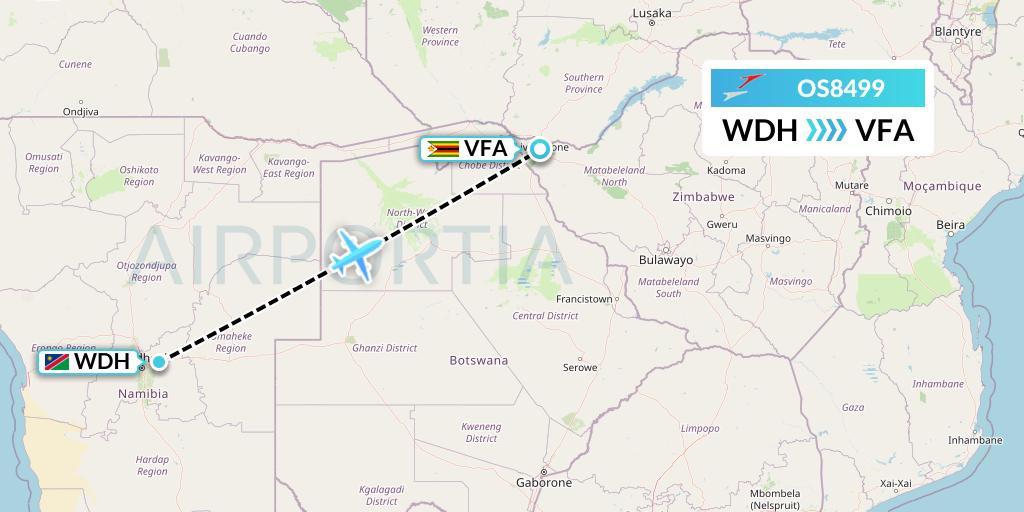 OS8499 Austrian Airlines Flight Map: Windhoek to Victoria Falls