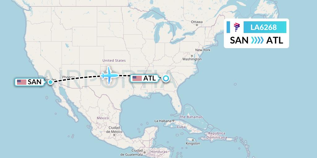 LA6268 LAN Airlines Flight Map: San Diego to Atlanta