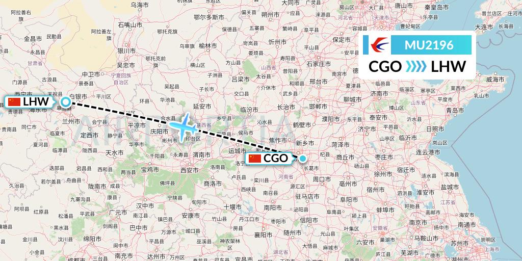 MU2196 China Eastern Airlines Flight Map: Zhengzhou to Lanzhou