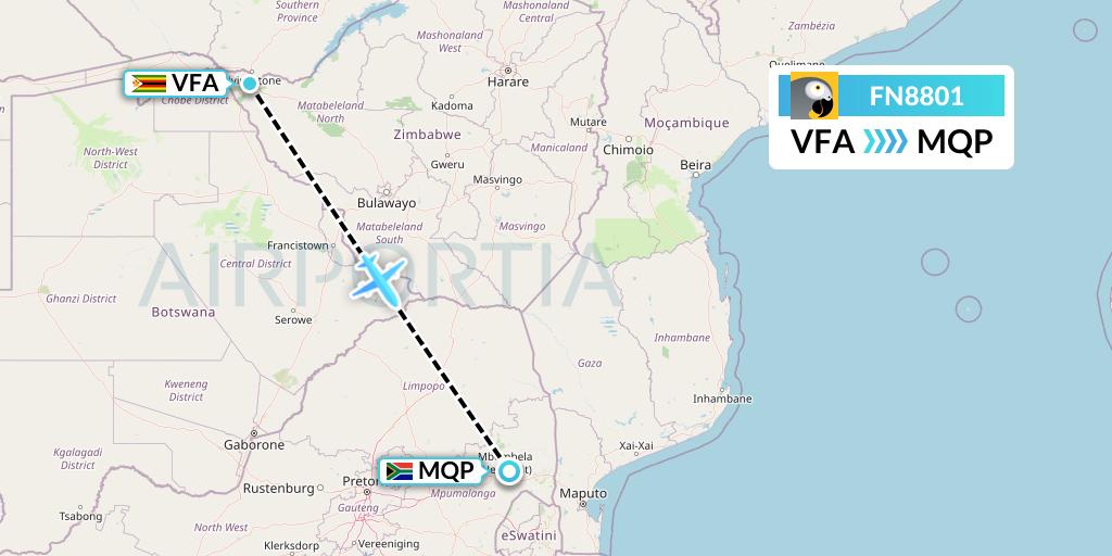 FN8801 Fastjet Flight Map: Victoria Falls to Nelspruit