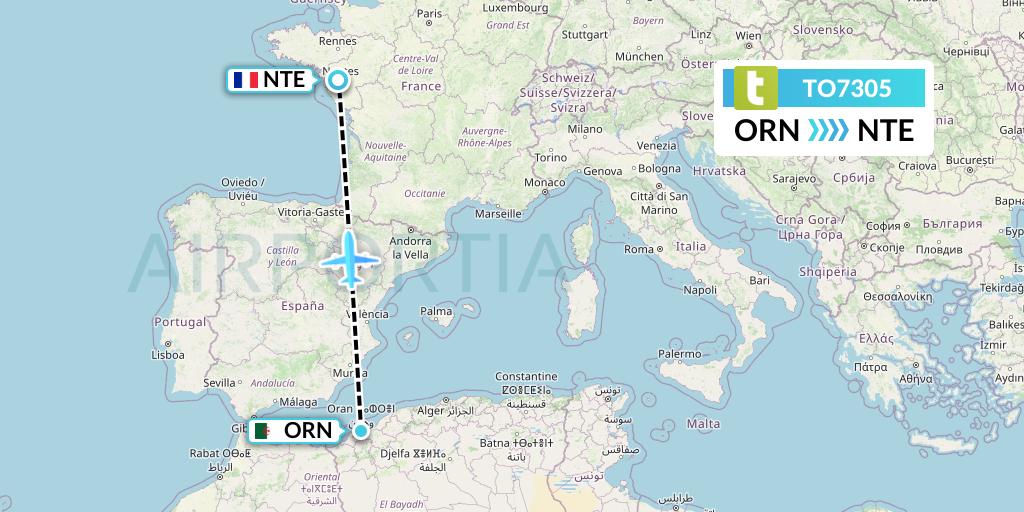 TO7305 Transavia France Flight Map: Oran to Nantes