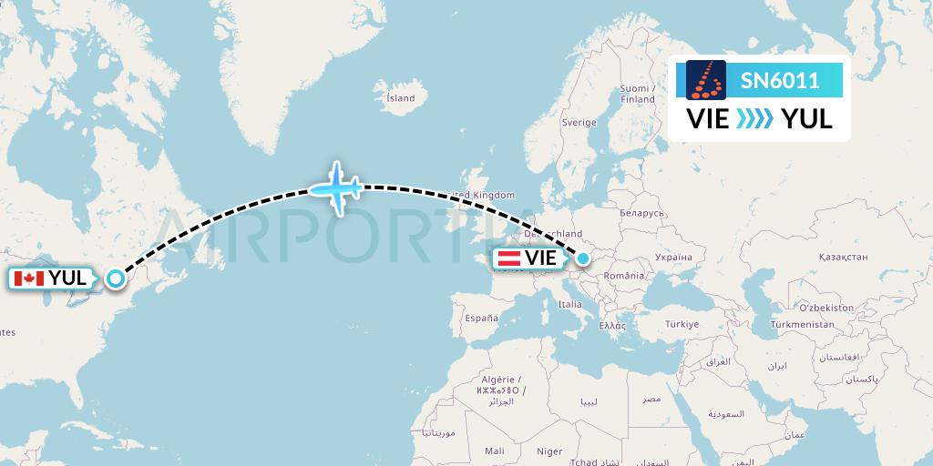 SN6011 Brussels Airlines Flight Map: Vienna to Montreal