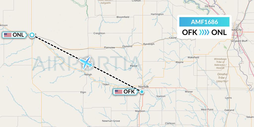 AMF1686 Ameriflight Flight Map: Norfolk to Oneill