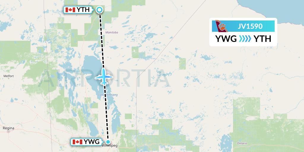 JV1590 Bearskin Airlines Flight Map: Winnipeg to Thompson