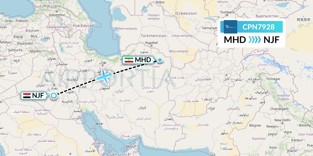 CPN7928 Caspian Airlines Flight Map: Mashhad to Najaf