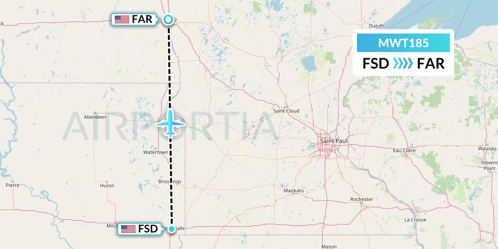 MWT185 Midwest Aviation Division Flight Map: Sioux Falls to Fargo