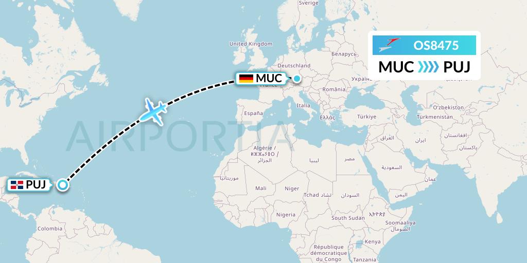 OS8475 Austrian Airlines Flight Map: Munich to Punta Cana