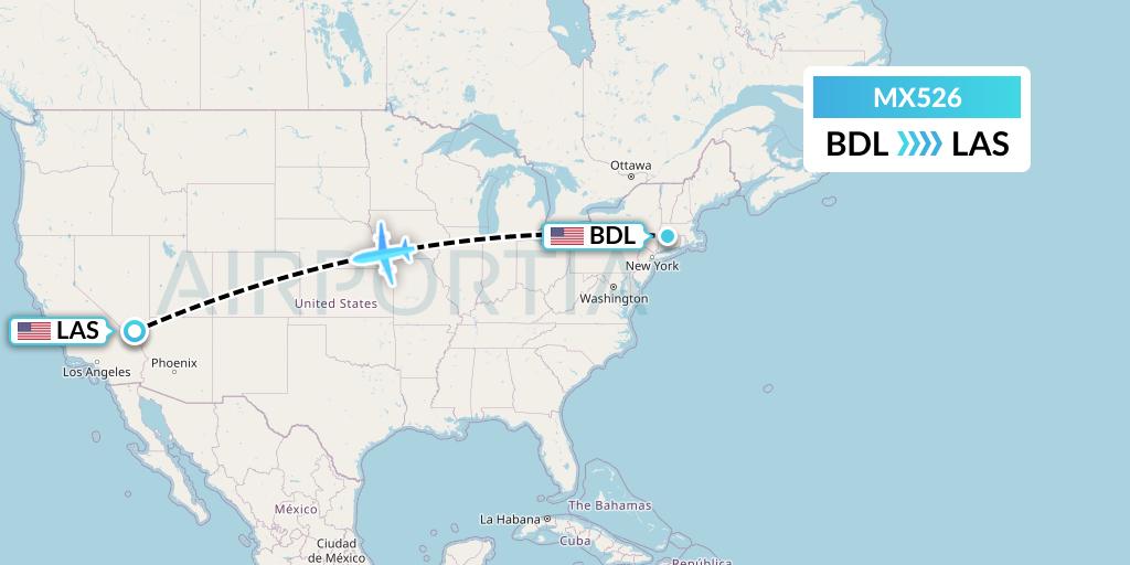 MX526 Breeze Airways Flight Map: Windsor Locks to Las Vegas
