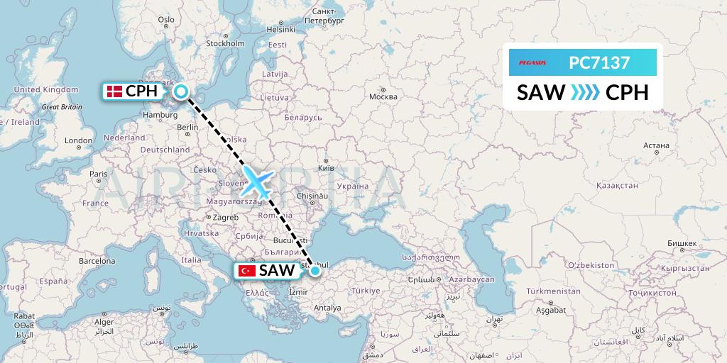 PC7137 Pegasus Airlines Flight Map: Istanbul to Copenhagen