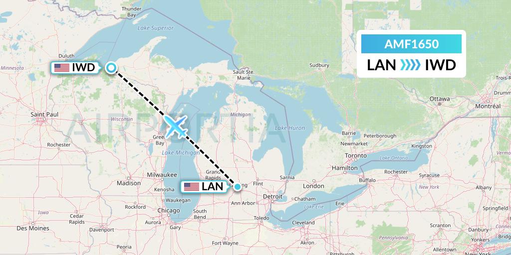 AMF1650 Ameriflight Flight Map: Lansing to Ironwood
