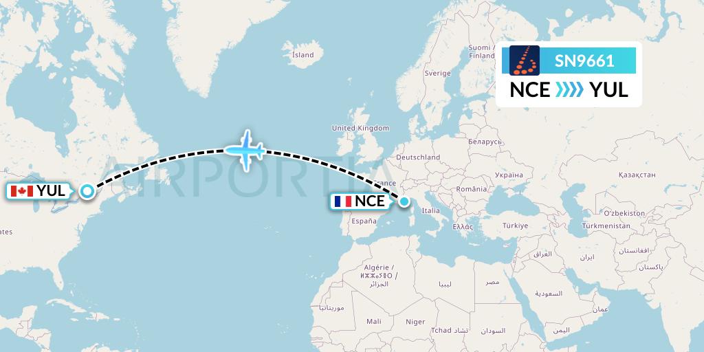 SN9661 Brussels Airlines Flight Map: Nice to Montreal