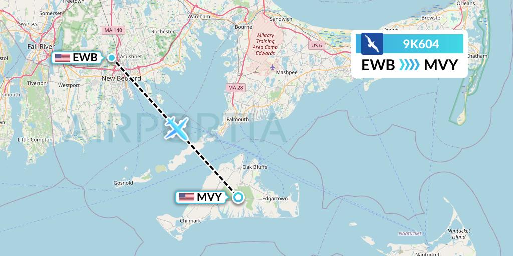 9K604 Cape Air Flight Map: New Bedford to Martha's Vineyard