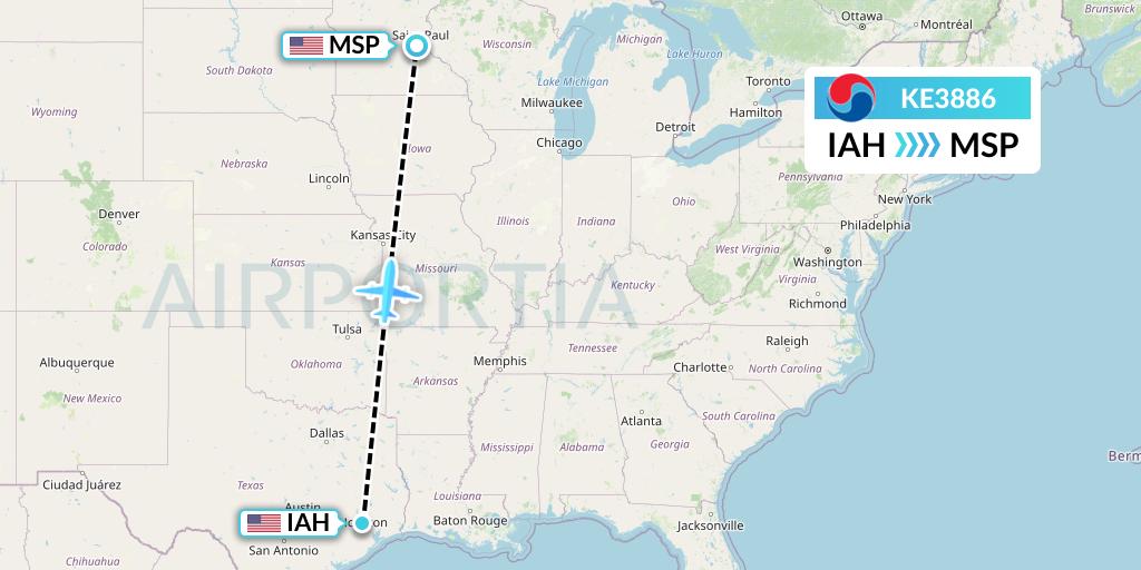 KE3886 Korean Air Flight Map: Houston to Minneapolis
