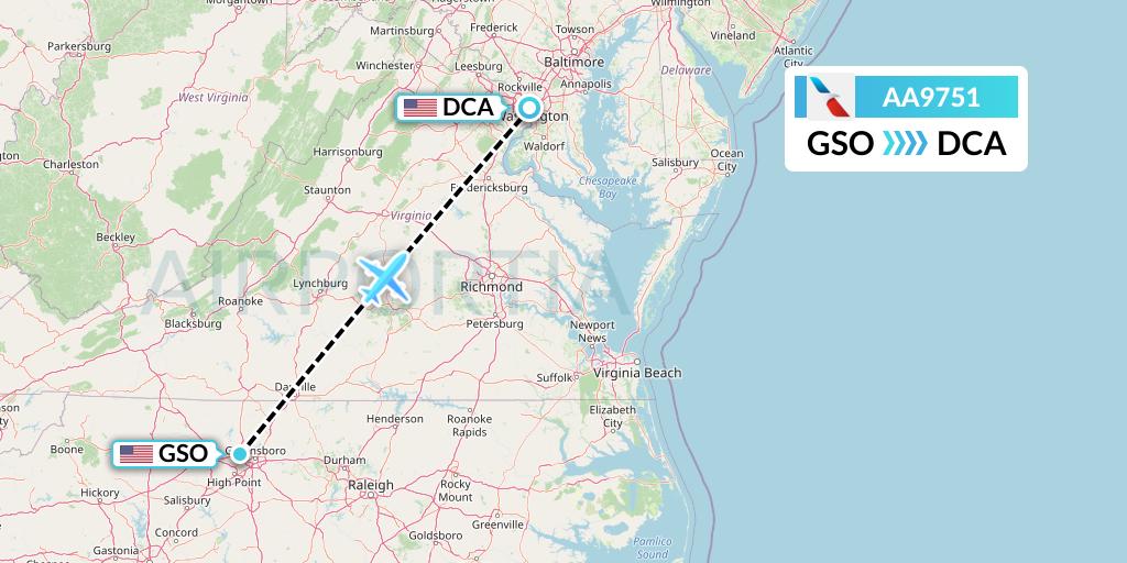 AA9751 American Airlines Flight Map: Greensboro to Washington