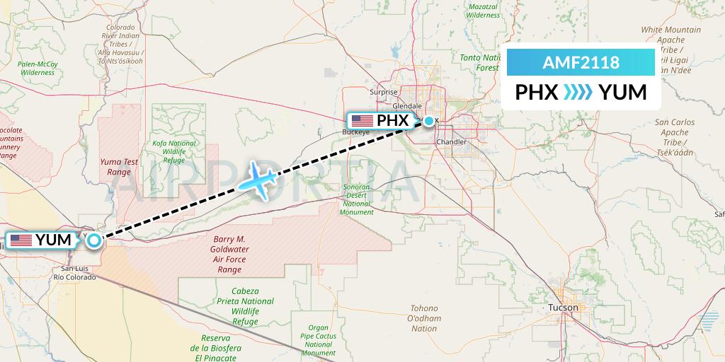 AMF2118 Ameriflight Flight Map: Phoenix to Yuma