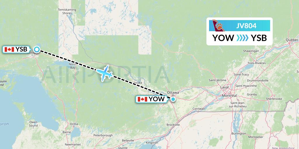JV804 Bearskin Airlines Flight Map: Ottawa to Sudbury