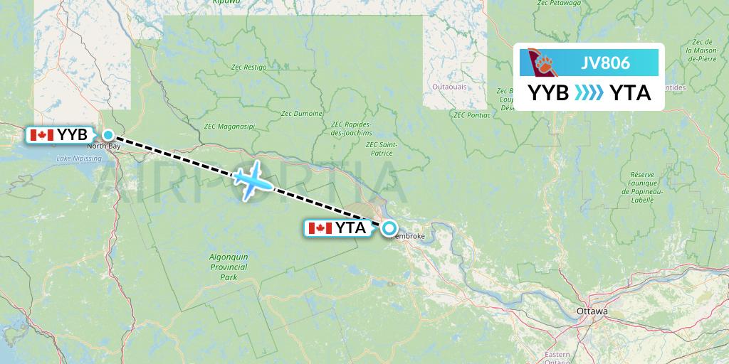 JV806 Bearskin Airlines Flight Map: North Bay to Pembroke