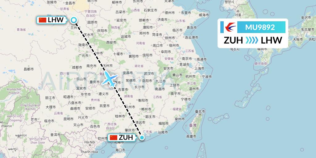 MU9892 China Eastern Airlines Flight Map: Zhuhai to Lanzhou