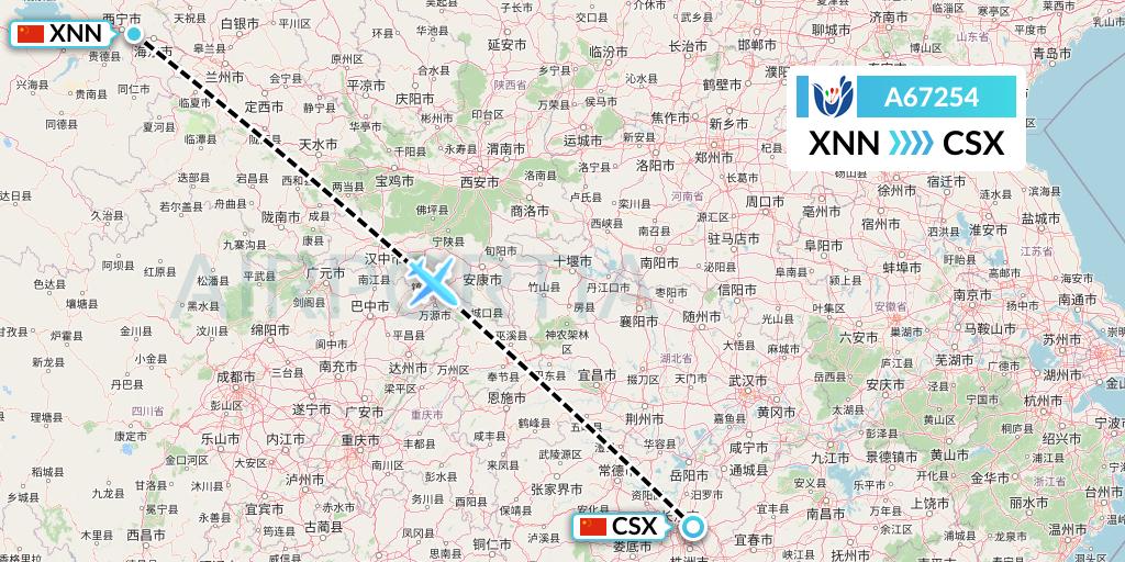 A67254 Hongtu Airlines Flight Map: Xining to Changsha