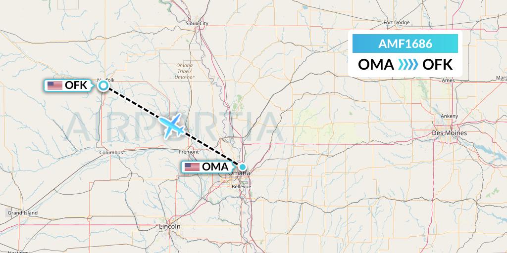 AMF1686 Ameriflight Flight Map: Omaha to Norfolk