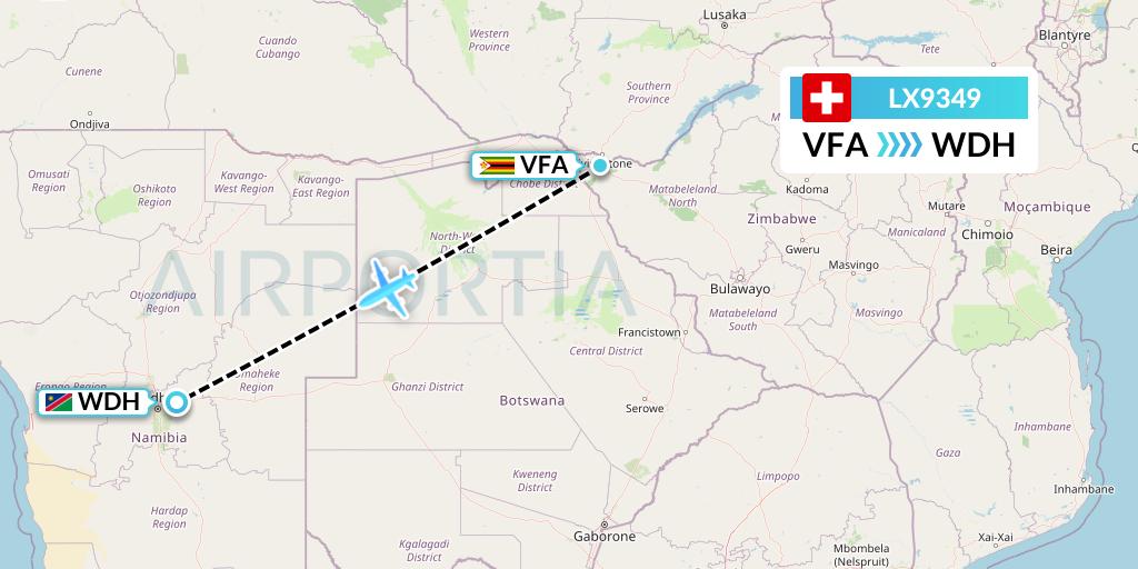 LX9349 Swiss Flight Map: Victoria Falls to Windhoek