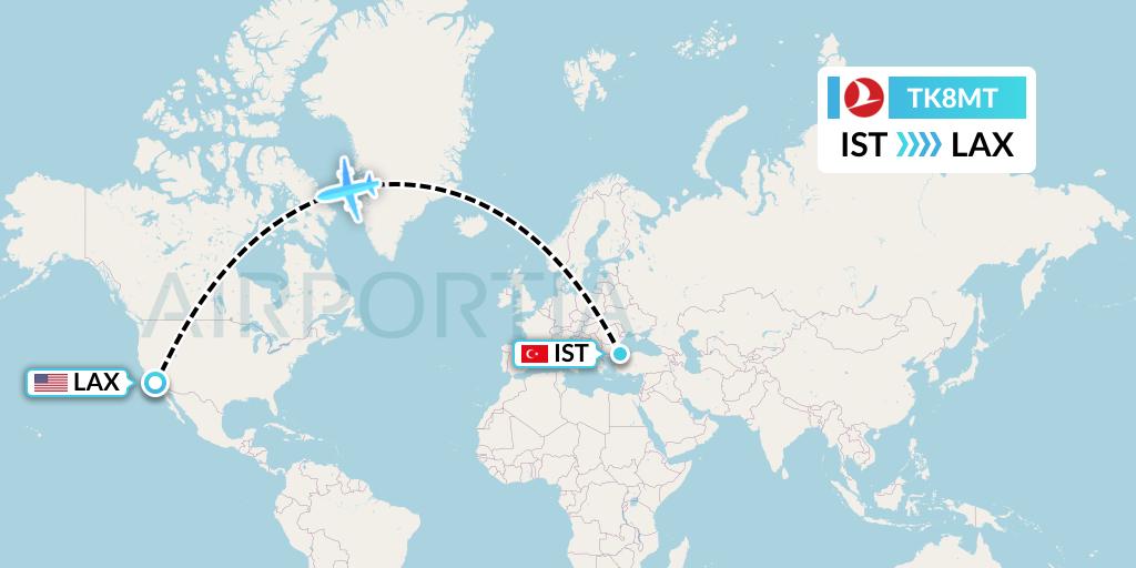 TK8MT Turkish Airlines Flight Map: Istanbul to Los Angeles