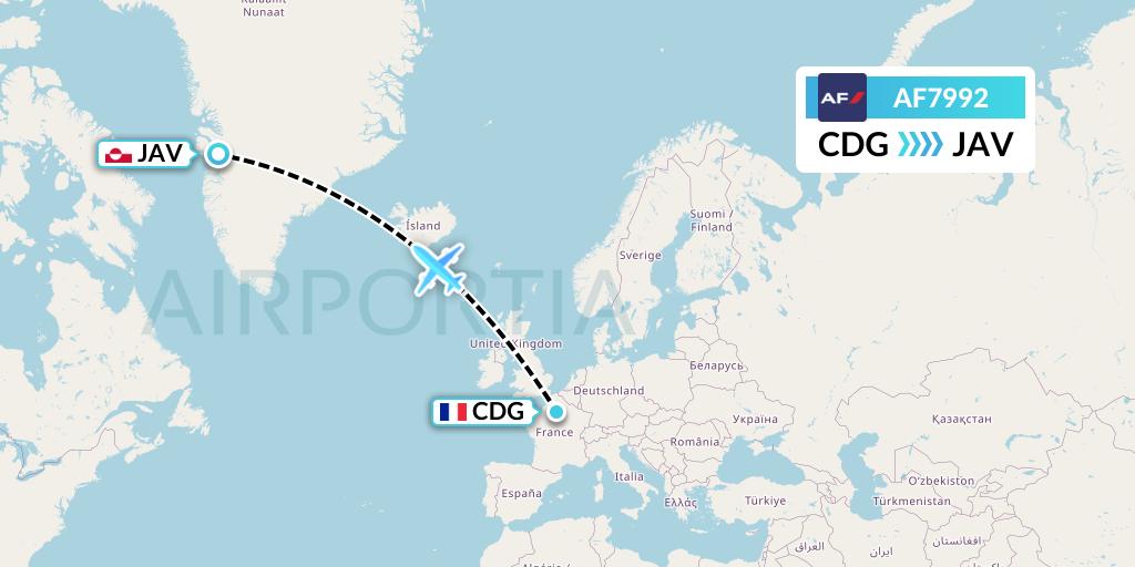 AF7992 Air France Flight Map: Paris to Ilulissat