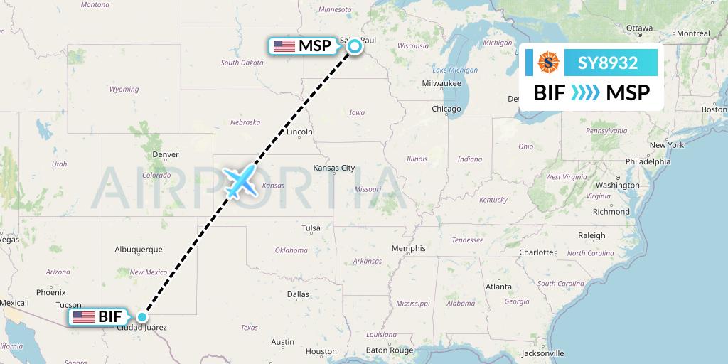 SY8932 Sun Country Airlines Flight Map: Fort Bliss-El Paso to Minneapolis
